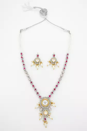 kundan long necklace set with ruby-tone stones and pearl drops