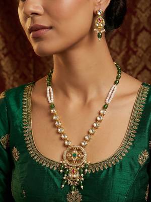 Green meenakari long necklace set with oval pendant and teardrop earrings 1