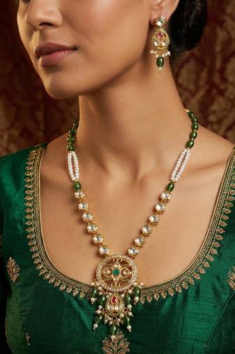 Green meenakari long necklace set with oval pendant and teardrop earrings