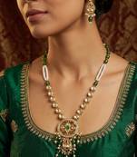 Green meenakari long necklace set with oval pendant and teardrop earrings