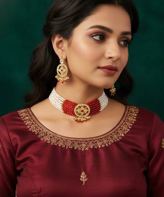 Red & white beaded kundan choker necklace set with matching earrings 1