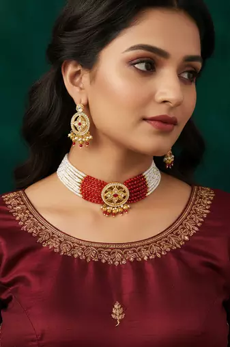 Red & white beaded kundan choker necklace set with matching earrings