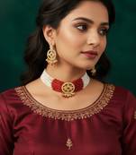 Red & white beaded kundan choker necklace set with matching earrings