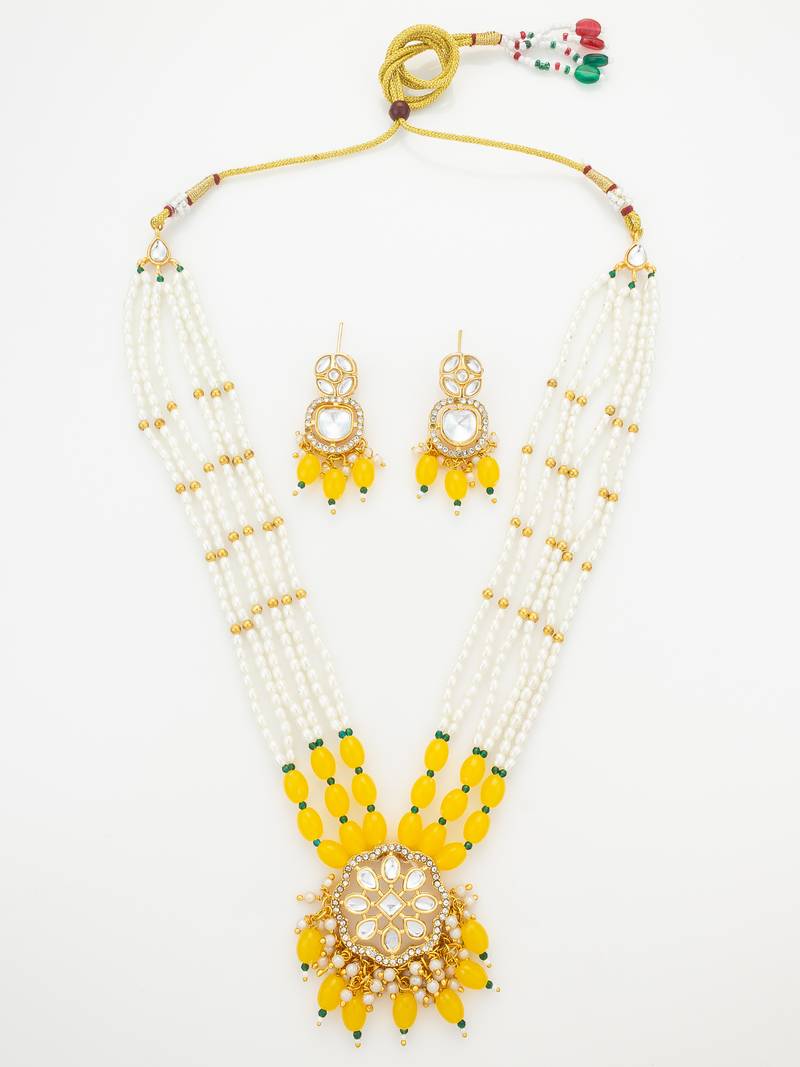 Yellow beaded kundan long necklace set with chandbali-style earrings