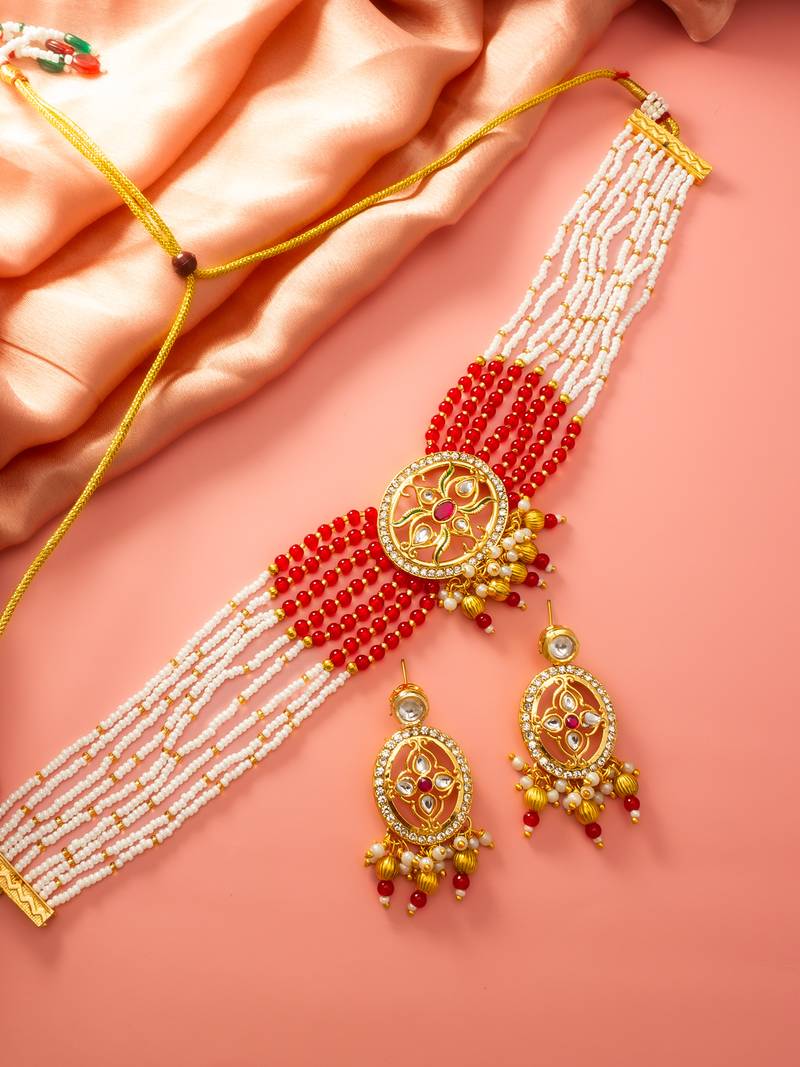 Red & white beaded kundan choker necklace set with matching earrings