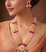 Pink and yellow beaded multi-strand kundan pendant necklace set with matching earrings