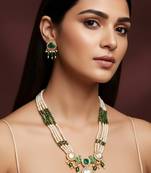 Gold plated long pearl necklace set with green stone pendant and earrings