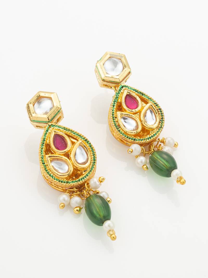 Green meenakari long necklace set with oval pendant and teardrop earrings