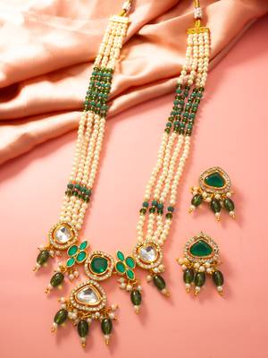 Gold plated long pearl necklace set with green stone pendant and earrings 2