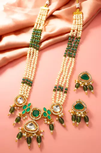 Gold plated long pearl necklace set with green stone pendant and earrings
