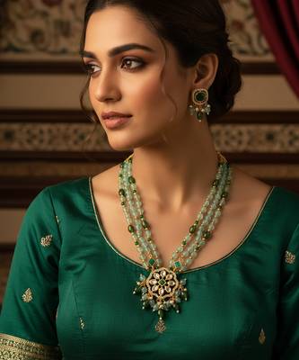 Gold plated kundan long necklace set with mint green beads and green stone earrings 1