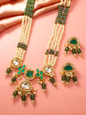Gold plated long pearl necklace set with green stone pendant and earrings 3