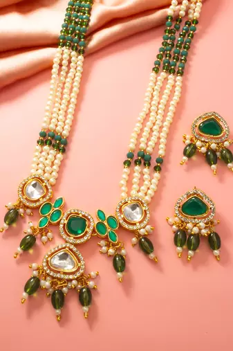 Gold plated long pearl necklace set with green stone pendant and earrings