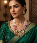 Gold plated kundan hexagon necklace set with pink beads and meenakari earrings