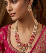 Pink & red long necklace set with pearl drops and stud earrings