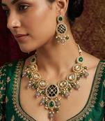 Green & grey necklace set with lattice pendant and drop earrings