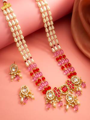 Pink & red long necklace set with pearl drops and stud earrings 2