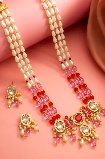 Pink & red long necklace set with pearl drops and stud earrings