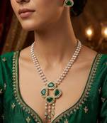 Gold plated pendant pearl necklace set with green stone and ad earrings