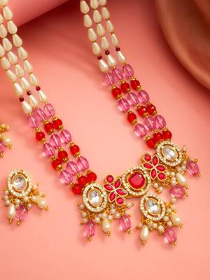 Pink & red long necklace set with pearl drops and stud earrings 3