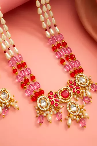 Pink & red long necklace set with pearl drops and stud earrings