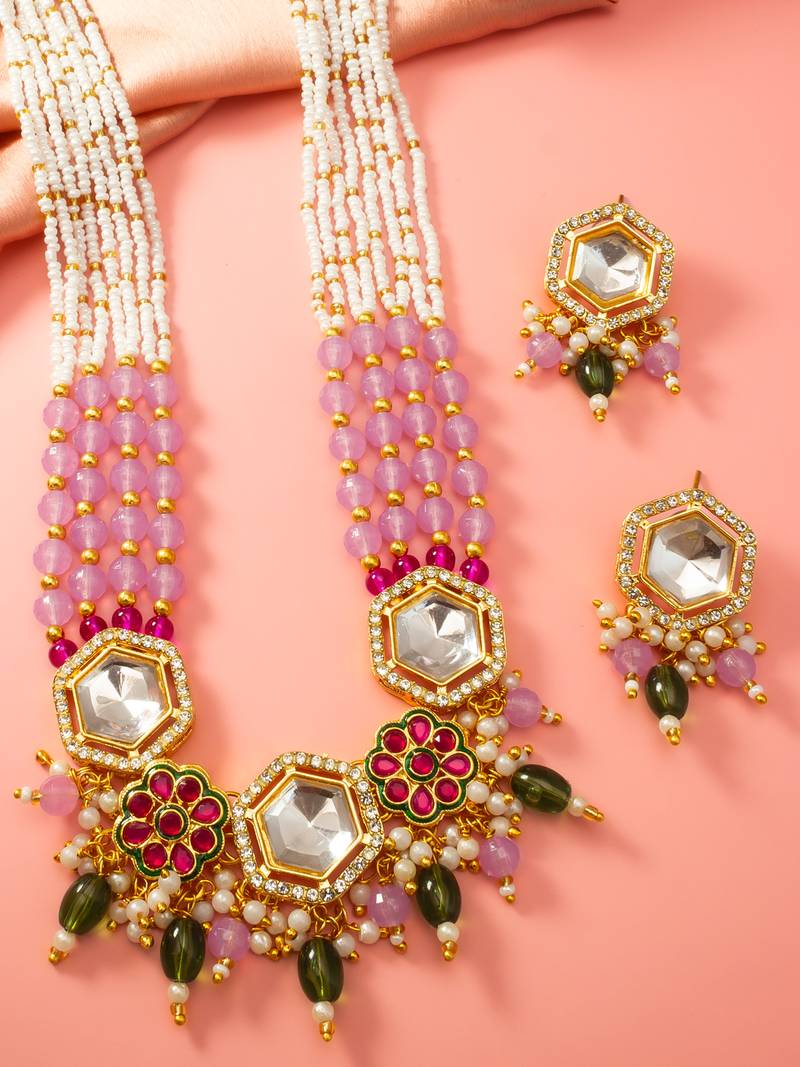 Gold plated kundan hexagon necklace set with pink beads and meenakari earrings