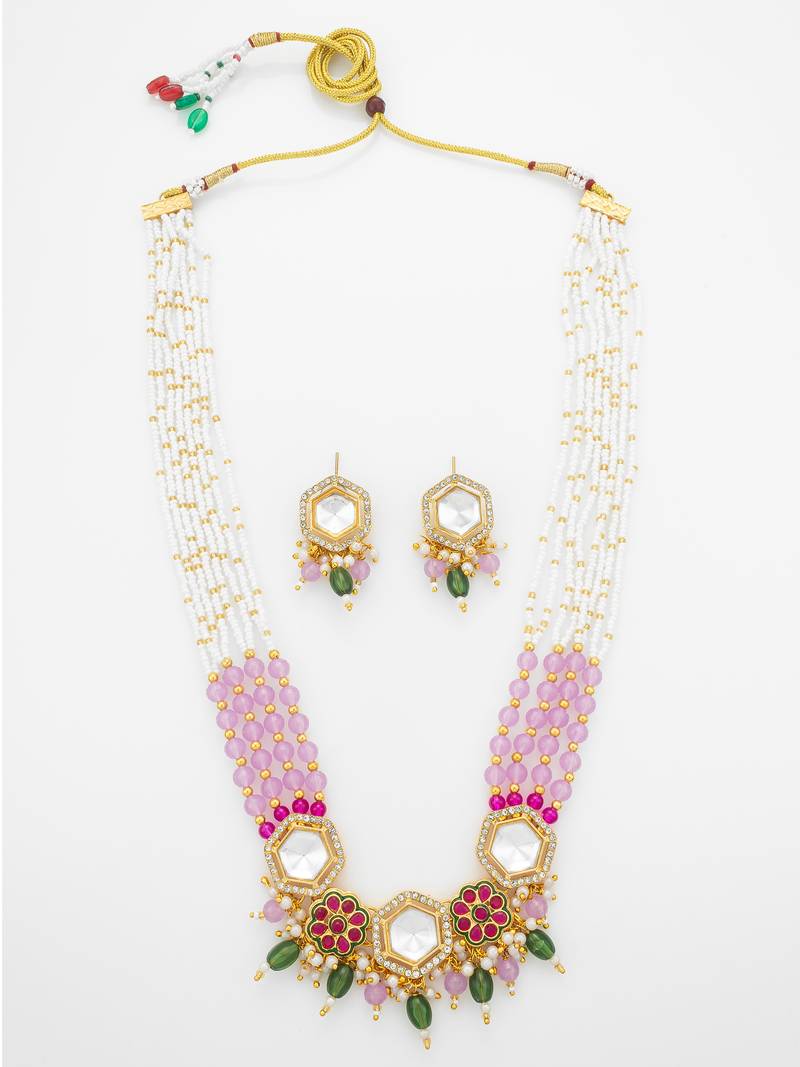 Gold plated kundan hexagon necklace set with pink beads and meenakari earrings