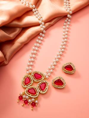 Gold plated pendant pearl necklace set with crystal stone earrings 2