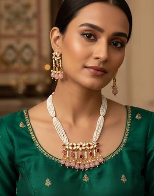 Gold plated multi strand pearl necklace with ruby red pendant 1