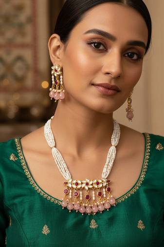 Gold plated multi strand pearl necklace with ruby red pendant
