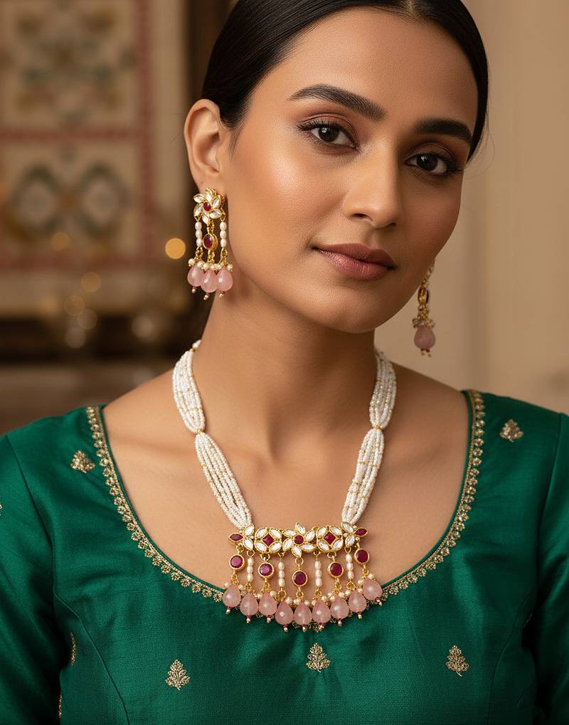 Gold plated multi strand pearl necklace with ruby red pendant