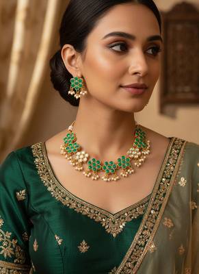 Gold plated green floral kundan necklace set with pearls 1
