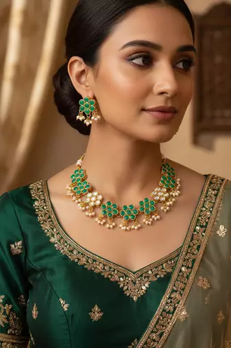 Gold plated green floral kundan necklace set with pearls