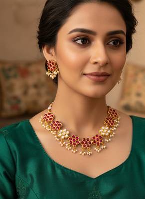 Gold plated pink floral kundan necklace set with pearl drops 1