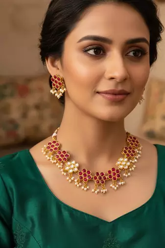 Gold plated pink floral kundan necklace set with pearl drops