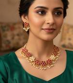Gold plated pink floral kundan necklace set with pearl drops