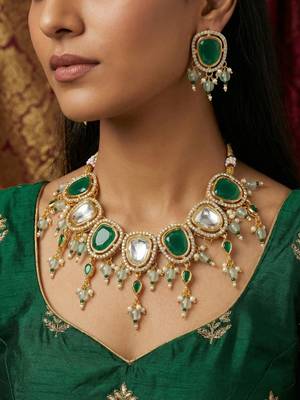 Gold plated green and white kundan statement necklace set 1