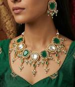 Gold plated green and white kundan statement necklace set