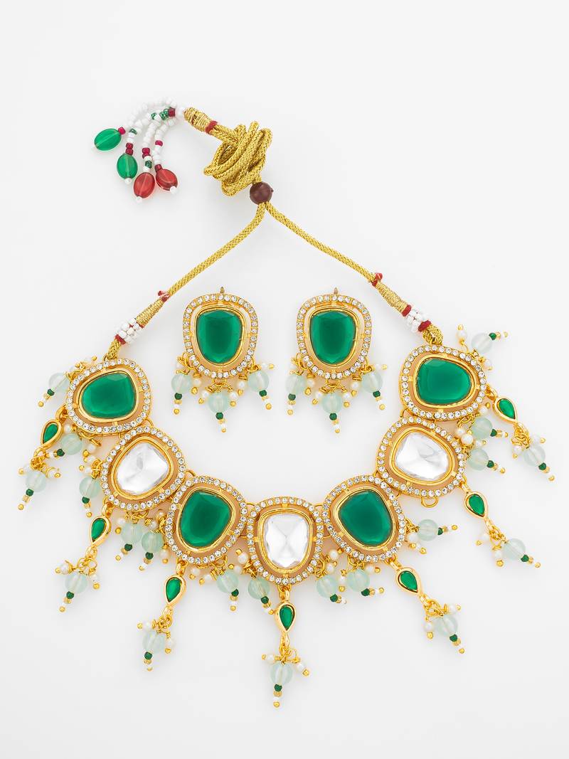 Gold plated green and white kundan statement necklace set