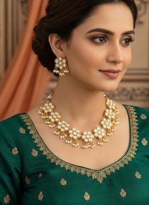 Traditional gold plated kundan choker necklace set with pearl droplets 1