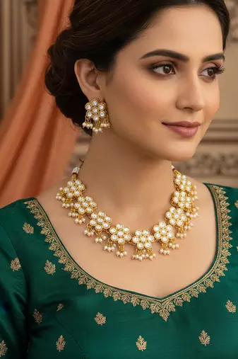 Traditional gold plated kundan choker necklace set with pearl droplets