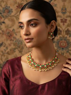 Multi-color kundan gold plated choker necklace with pearl hangings 1