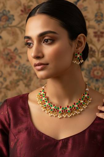 Multi-color kundan gold plated choker necklace with pearl hangings