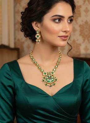 Green enamel meenakari and kundan gold plated necklace set 1
