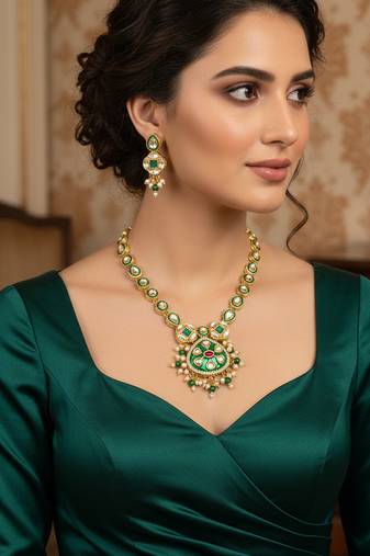 Green enamel meenakari and kundan gold plated necklace set