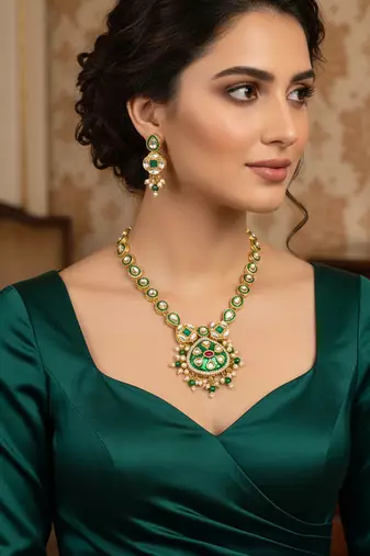 Green enamel meenakari and kundan gold plated necklace set