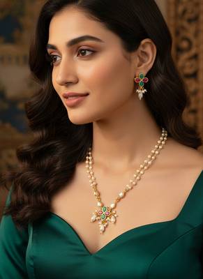 Double strand pearl gold plated necklace with floral kundan pendant 1