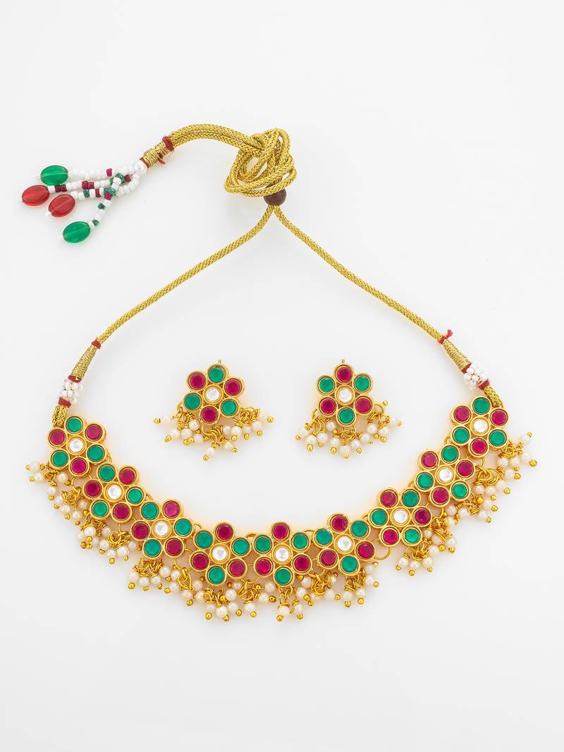 Multi-color kundan gold plated choker necklace with pearl hangings