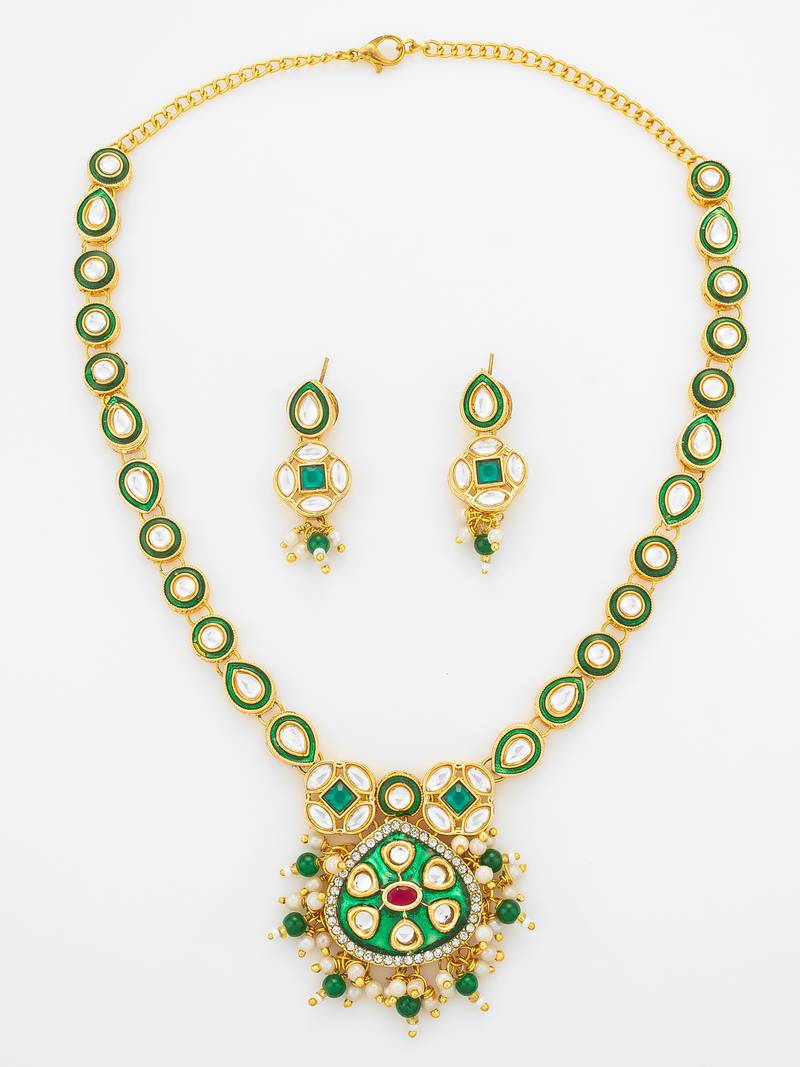 Green enamel meenakari and kundan gold plated necklace set