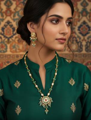 Gold plated green stone kundan necklace with circular pendant 1